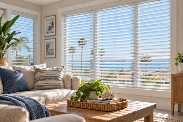 Faux wood blinds in an Oceanside coastal home, unaffected by salt air humidity