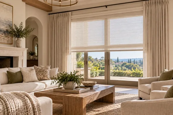 Sheer drapes layered over a roller shade on a tall Rancho Santa Fe window
