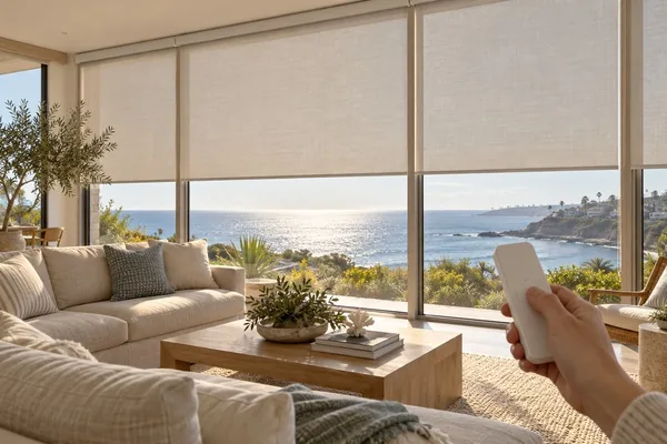 Hand holding a remote for motorized roller shades in a coastal living room overlooking the ocean.
