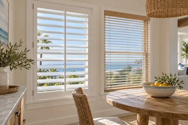 White plantation shutters and wooden blinds on adjacent ocean-view windows in a bright coastal breakfast nook.