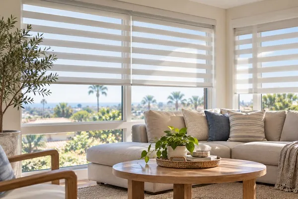 Zebra shades in a Carlsbad living room, bands aligned to soften afternoon glare
